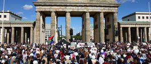 Demonstrierende fordern vor dem Brandenburger Tor ein Verbot der AfD.