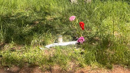 Anwohner haben Blumen und eine Kerze an der Stelle abgelegt, an der das tote Baby gefunden wurde.