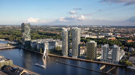 Die Skyline von Treptow mit den drei künftigen Hochhäusern in der Mitte.