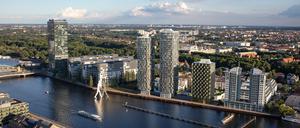 Die Skyline von Treptow mit den drei künftigen Hochhäusern in der Mitte.
