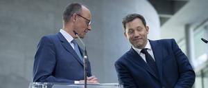 Friedrich Merz und Lars Klingbeil nach dem Ende der Sondierungen im März. 