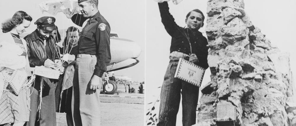 Oktober 1949: Deutsche Jugendorganisationen und amerikanische Piloten basteln kleine Fallschirme mit Süßigkeiten, die sie für Berliner Kinder abwerfen. Als Operation „Little Vittles“ war die Aktion von der US-Air-Force angestoßen worden.