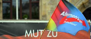 Eine Fahne mit dem Parteilogo der AfD weht während einer Kundgebung der AfD Sachsen-Anhalt auf dem Marktplatz (Symbolbild).