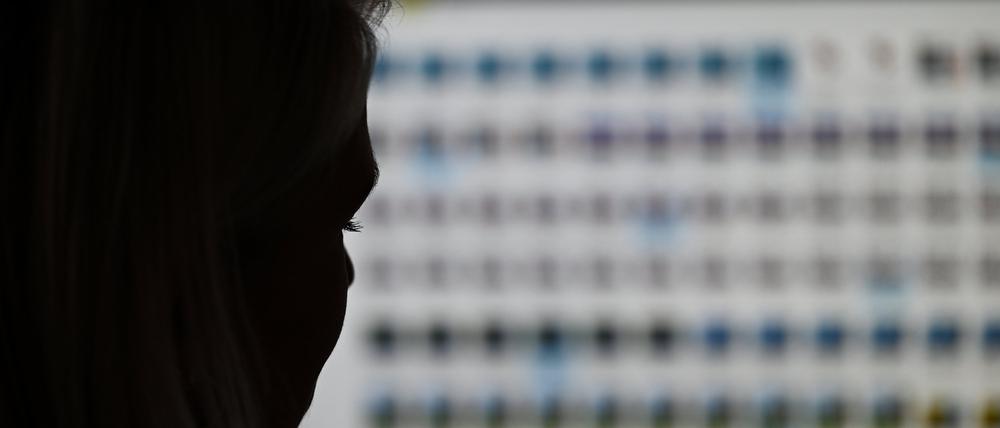 Auf dem Bild ist die Silhouette des Kopfes einer Frau vor einem unscharfen Computerbildschirm zu sehen (Symbolbild).