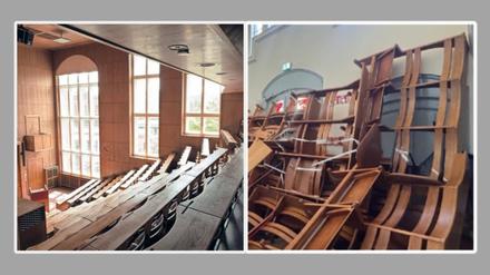Emil-Fischer-Hörsaal der Humboldt-Universität und herausgerissene Bänke.