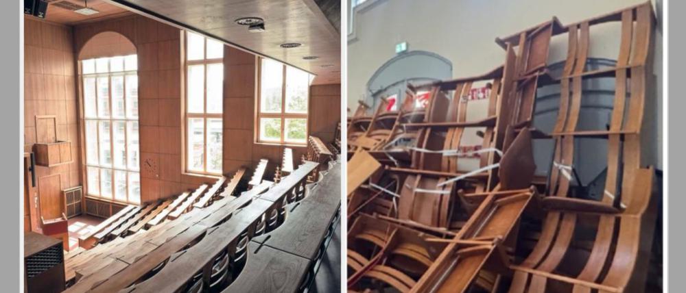 Emil-Fischer-Hörsaal der Humboldt-Universität und herausgerissene Bänke.