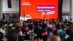 Maximilian Schirmer, Berliner Landesvorsitzender der Partei Die Linke, spricht beim Landesparteitag der Berliner Linke. (Archivbild)