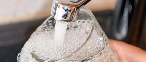 Am Wasserhahn in einer Küche wird ein Trinkglas mit Leitungswasser befüllt. 