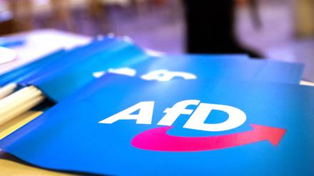 Fähnchen mit dem Logo der AfD liegen auf einem Tisch.