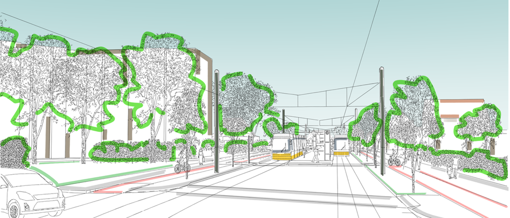 Die geplante Tramlinie auf Höhe der Haltestelle Sleipnerstraße.