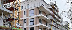 Eine Baustelle mit neuen Wohnungen in Mehrfamilienhäusern ist in Frankfurt/Oder zu sehen.
