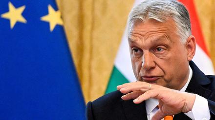 Der ungarische Premierminister Viktor Orban gestikuliert während einer Pressekonferenz mit dem slowakischen Premierminister Robert Fico (nicht im Bild) in Bratislava, Slowakei, am 28. April 2025.