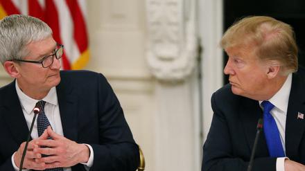 Apple-CEO Tim Cook spricht, während er und US-Präsident Donald Trump in dessen erster Amtszeit an einer Sitzung teilnehmen (Archivbild).