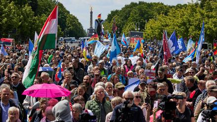 Bei einer Kundgebung vor dem Brandenburger Tor versammelten sich Hunderte von Demonstranten unter anderem mit vielen Friedensfahnen.