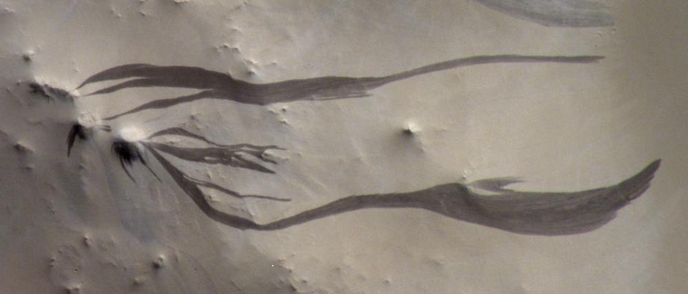 An vielen Abhängen und Kraterwällen des trockenen roten Planeten zeigen sich veränderliche, rinnenartige Strukturen. Ist durch sie einst Wasser geflossen?