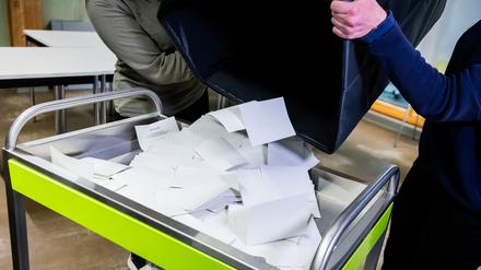 Für den Bürgerentscheid zur Abwahl des Potsdamer Oberbürgermeisters Mike Schubert werden die abgegebenen Stimmen in den Wahllokalen ausgezählt. 
