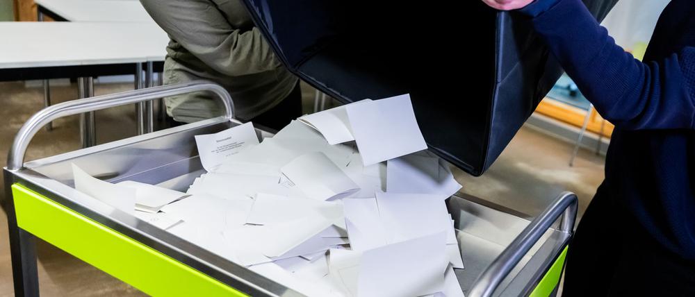 Für den Bürgerentscheid zur Abwahl des Potsdamer Oberbürgermeisters Mike Schubert werden die abgegebenen Stimmen in den Wahllokalen ausgezählt. 