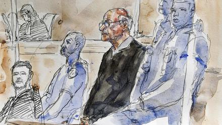 Die vom Künstler veröffentlichte Gerichtsskizze zeigt den pensionierten französischen Chirurgen Joel Le Scouarnec bei seinem Prozess im Gerichtsgebäude. 
