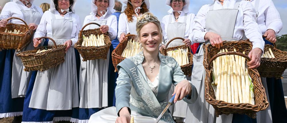 In Beelitz beginnt am Freitag ein großes Stadtfest rund um den Spargel, bei dem die Spargelkönigin nicht fehlen darf. (Archivbild)