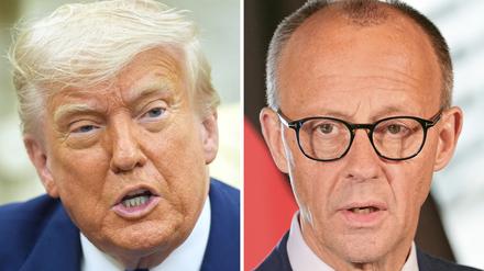 US-Präsident Donald Trump spricht im Oval Office des Weißen Hauses (l, Archivfoto vom 21.05.2025) und rechts Bundeskanzler Friedrich Merz (CDU) bei einer Pressekonferenz.