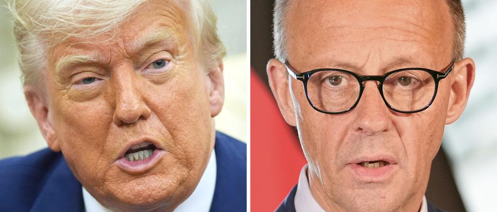 US-Präsident Donald Trump spricht im Oval Office des Weißen Hauses (l, Archivfoto vom 21.05.2025) und rechts Bundeskanzler Friedrich Merz (CDU) bei einer Pressekonferenz.