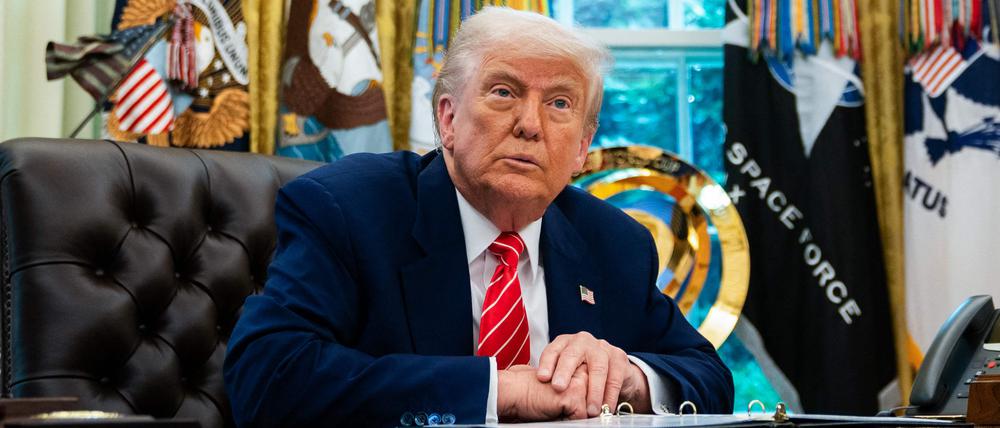 US-Präsident Donald Trump spricht während einer Pressekonferenz mit Elon Musk im Oval Office des Weißen Hauses in Washington, DC.