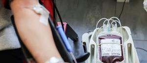 Eine Person spendet Blut im DRK-Blutspendezentrum.