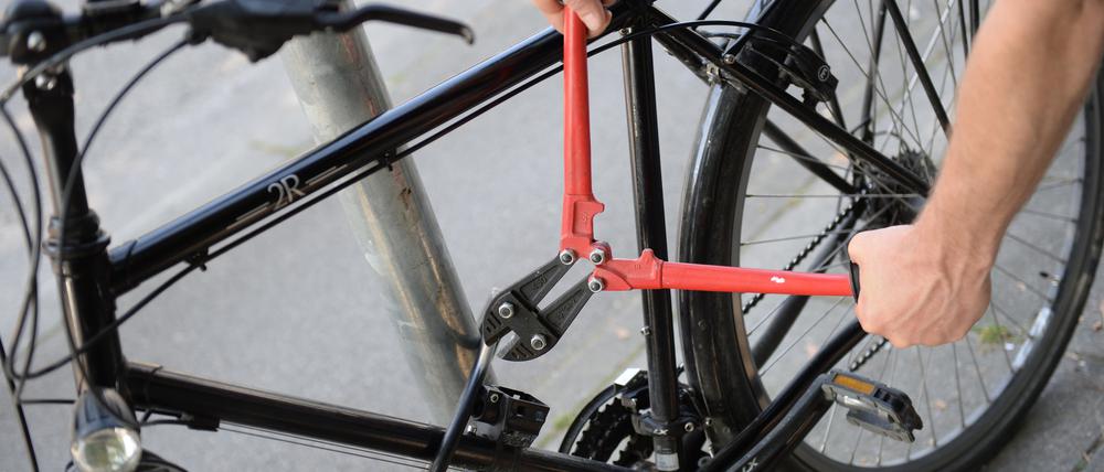 Ein Mann versucht mit einem Bolzenschneider, ein Fahrradschloss aufzubrechen (gestellte Szene). 
