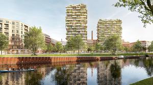 Eine Visualisierung des Bauprojekts „Neues Ufer“ der Bauwert AG in Berlin-Moabit. Auf dem 45.000 Quadratmeter großen früheren Industrieareal am Charlottenburger Verbindungskanal soll ein lebendiger Stadtteil entstehen.