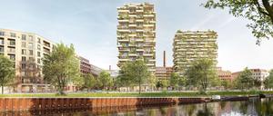 Eine Visualisierung des Bauprojekts „Neues Ufer“ der Bauwert AG in Berlin-Moabit. Auf dem 45.000 Quadratmeter großen früheren Industrieareal am Charlottenburger Verbindungskanal soll ein lebendiger Stadtteil entstehen. 