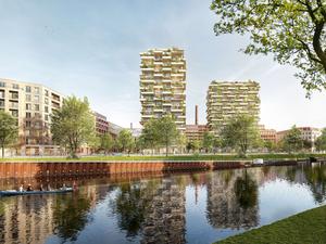 Eine Visualisierung des Bauprojekts „Neues Ufer“ der Bauwert AG in Berlin-Moabit. Auf dem 45.000 Quadratmeter großen früheren Industrieareal am Charlottenburger Verbindungskanal soll ein lebendiger Stadtteil entstehen. 