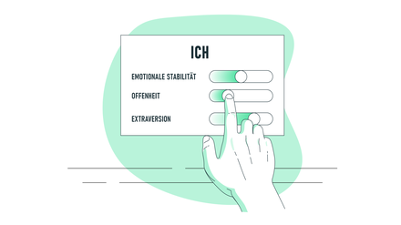 Ein bisschen gelassener, stressresistenter, vielleicht etwas gewissenhafter und ja, unbedingt auch extravertierter. Illustration mit einer Hand, die anhand von einem Schieberegler ihre Persönlichkeit ändern kann.