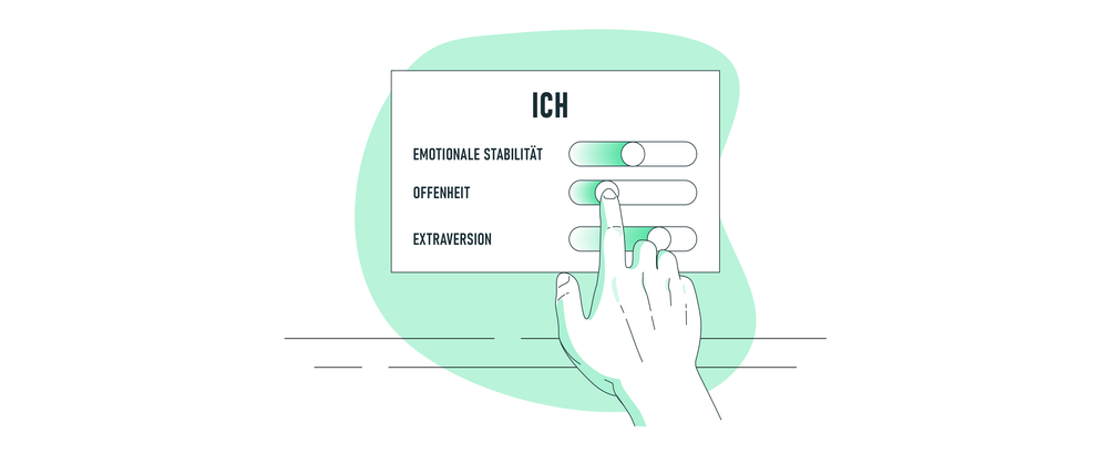 Ein bisschen gelassener, stressresistenter, vielleicht etwas gewissenhafter und ja, unbedingt auch extravertierter. Illustration mit einer Hand, die anhand von einem Schieberegler ihre Persönlichkeit ändern kann.