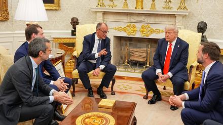 US-Präsident Donald Trump (2.v.r.)empfängt Bundeskanzler Friedrich Merz (CDU, 3.v.l.) im Oval Office im Weißen Haus. 