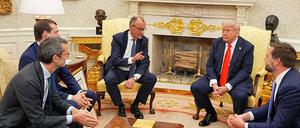 US-Präsident Donald Trump (2.v.r.)empfängt Bundeskanzler Friedrich Merz (CDU, 3.v.l.) im Oval Office im Weißen Haus. 