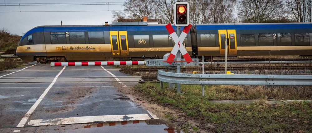Die Heidekrautbahn am Bahnhof Schönfließ.