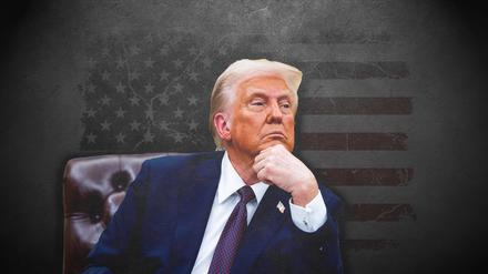 Collage von Donald Trump vor einer USA-Flagge
