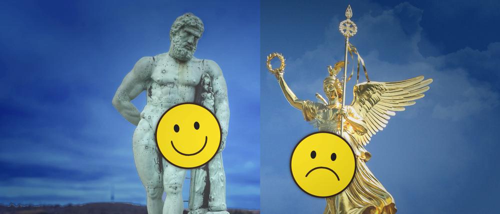 Linke Seite: Kupferstatue des Herkules im Bergpark Wilhelmshöhe, Bad Wilhelmshöhe, Kassel, Hessen mit glücklichem Smiley
Rechte Seite: Siegessäule, Großer Stern, Tiergarten, Mitte, Berlin mit traurigem Smiley
