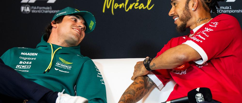 Hamilton (rechts) bei einer Medienrunde im Gespräch mit Lance Stroll.