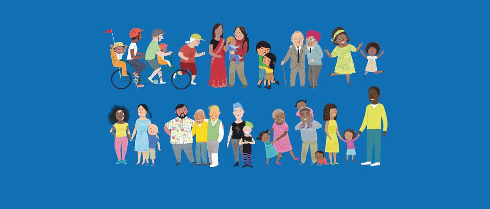 Szene aus dem Buch „Alle anders Das sind wir!“. Zu sehen sind eine Reihe gezeichneter Figuren, die alle ganz unterschiedlich aussehen in Bezug auf Alter, Körpergröße, Körperfülle und Hautfarbe.
