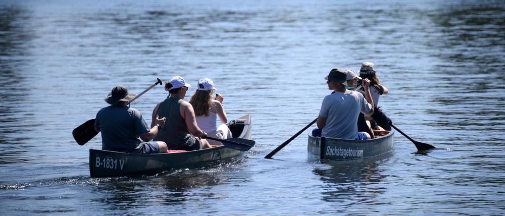 Ausflügler fahren mit Kanus auf der Spree. 