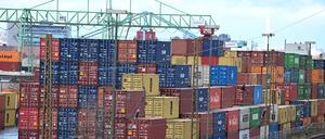 Container mit Wirtschaftsgütern stehen aufgestapelt im Hafen in Stuttgart (Symbolbild).