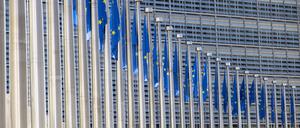 06.09.2023, Belgien, Brüssel: Eine Flaggenreihe mit dem Symbol der Europäischen Union vor dem Gebäude der Europäischen Kommission in Brüssel. 