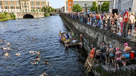 Rund 300 Menschen haben bei einer Schwimmdemo auf der Museumsinsel mitgemacht.