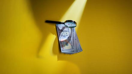Eine Lupe über einem Bündel mit Dollarscheinen (Illustration).