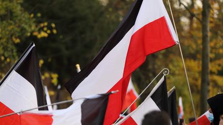Schwarz-weiß-rote Reichsflaggen während einer Demonstration von Reichsbürgern und anderen Rechtsextremen für die Wiedereinführung der Monarchie am Neuen Palais in Potsdam, 14. November 2020. (Symbolbild)