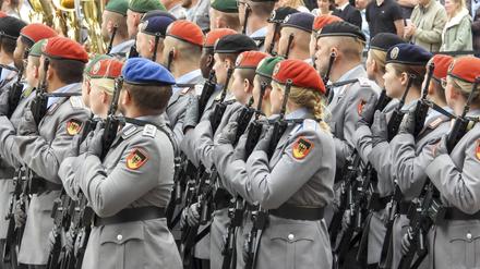 Soldaten und Soldatinnen in Uniform bei der Parade zum Veteranentag am 15. Juni 2025. 
