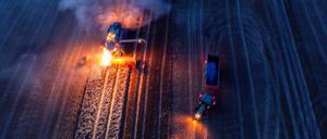 ARCHIV - 12.08.2024, Mecklenburg-Vorpommern, Mühlen Eichsen: Mähdrescher und Traktorengespanne fahren nach Sonnenuntergang über ein Feld und dreschen Weizen. 
