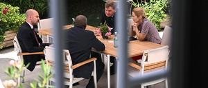 Die Außenminister Jean-Noel Barrot (Frankreich), David Lammy (Großbritannien), Johann Wadephul (Deutschland) und Kaja Kallas (EU) in Genf vor dem Treffen mit Abbas Araghtschi (Iran). 