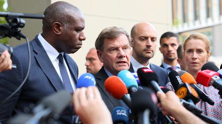 Die Außenminister Johann Wadephul (CDU), Jean-Noël Barrot (Frankreich), David Lammy (Großbritannien) und die EU-Außenbeauftragten Kaja Kallas in Genf.